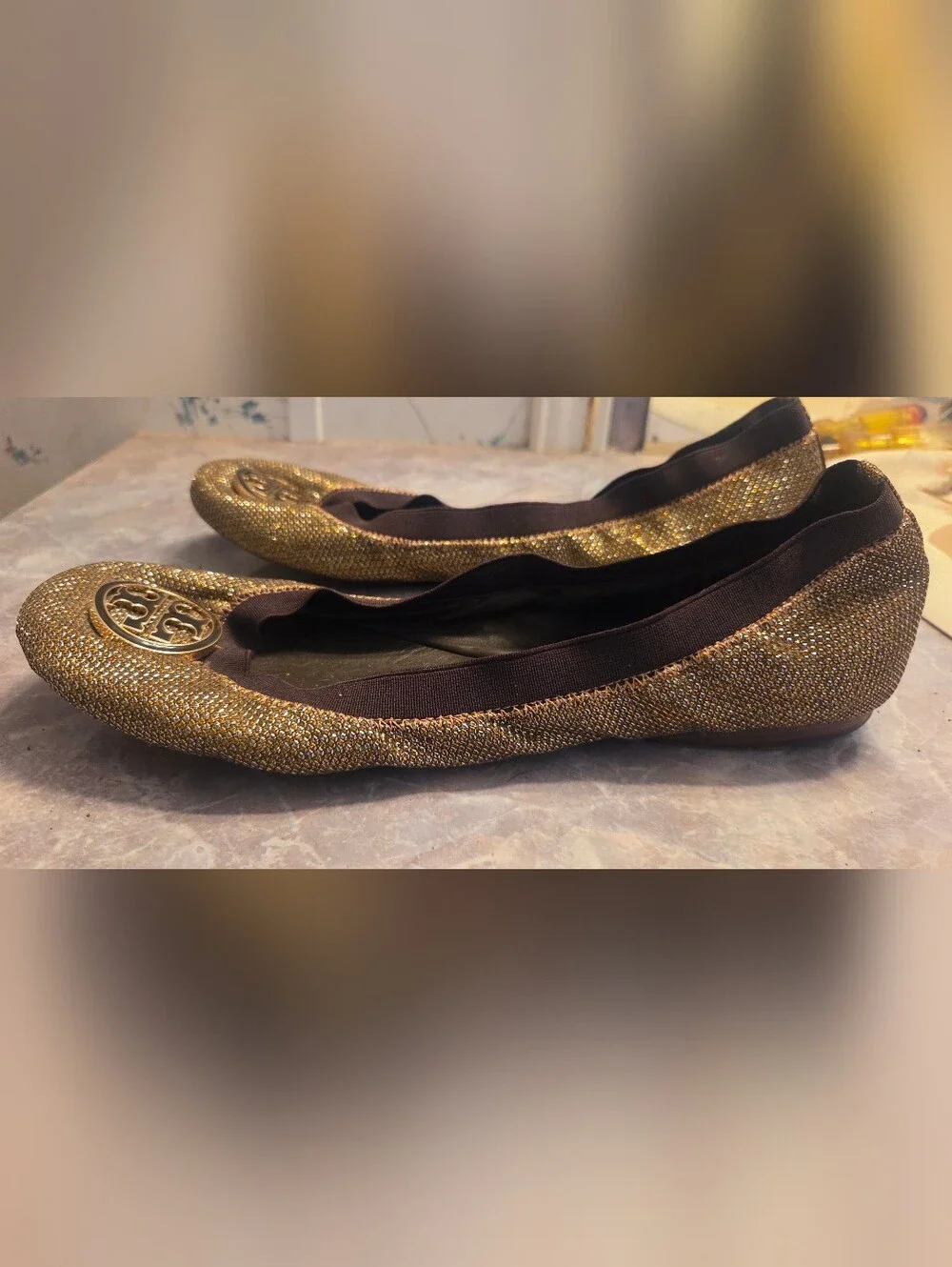 Tory Burch Metallic Gold Glitter Ballet Flats with Logo Medallion